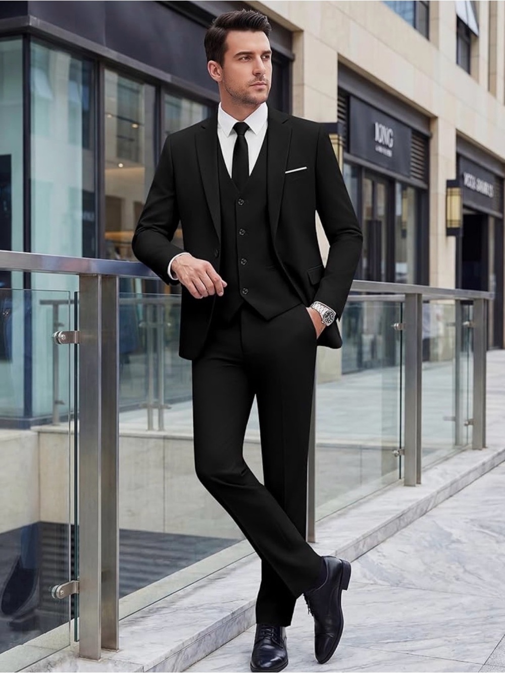 Men's Black Three-Piece Suit with Modern Tailored Cut